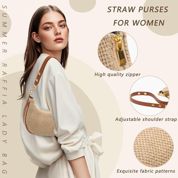Woven Straw Crossbody Purse Summer Handbag with Removable Straps Women - Picture 2 of 6